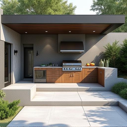 Skiss av ett modernt utekök med integrerad grill